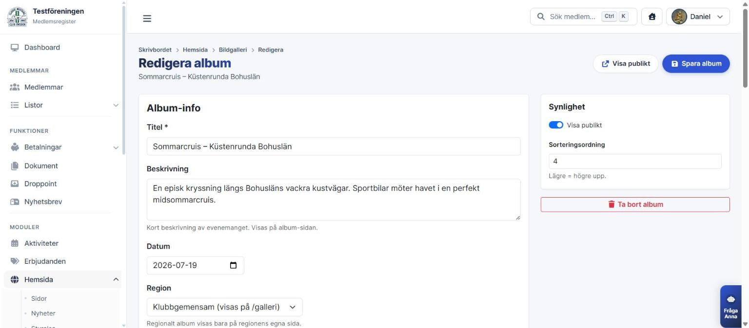 Formuläret Album-info med fälten titel, beskrivning, datum och region