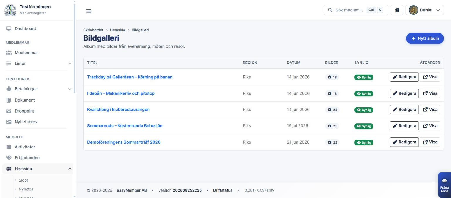 Administrationens albumlista med knappen Nytt album