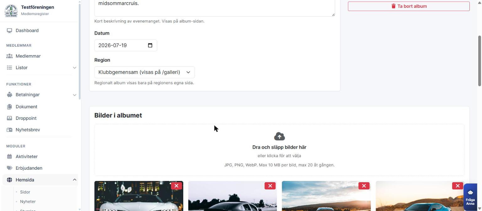 Uppladdningsrutan Dra och släpp bilder här med albumets bildrutnät under