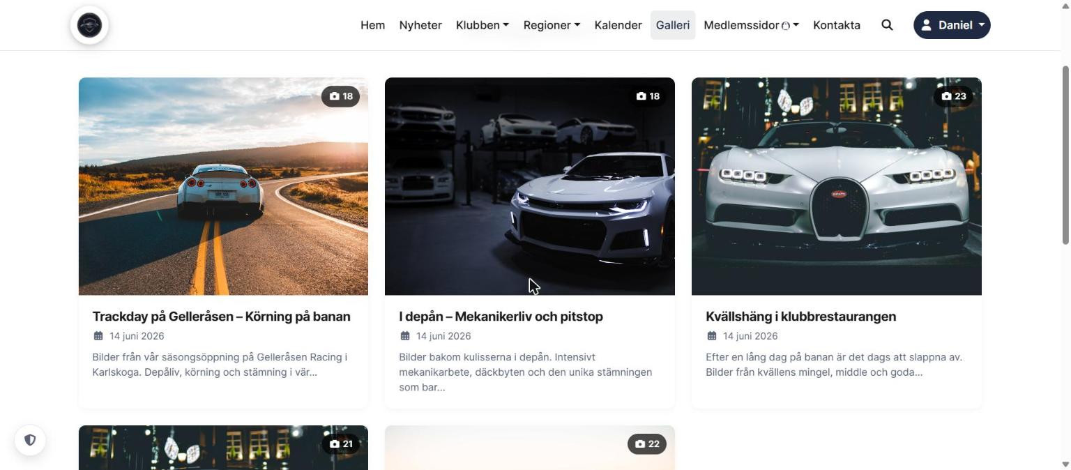 Galleriöversikten på hemsidan med albumkort, omslagsbilder och antal bilder per album